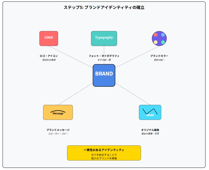 ロゴ、フォント、カラー、メッセージ、画像という5つのブランドアイデンティティ要素が中央のブランドコアを囲む構図。統一性と一貫性の重要性を表現。
