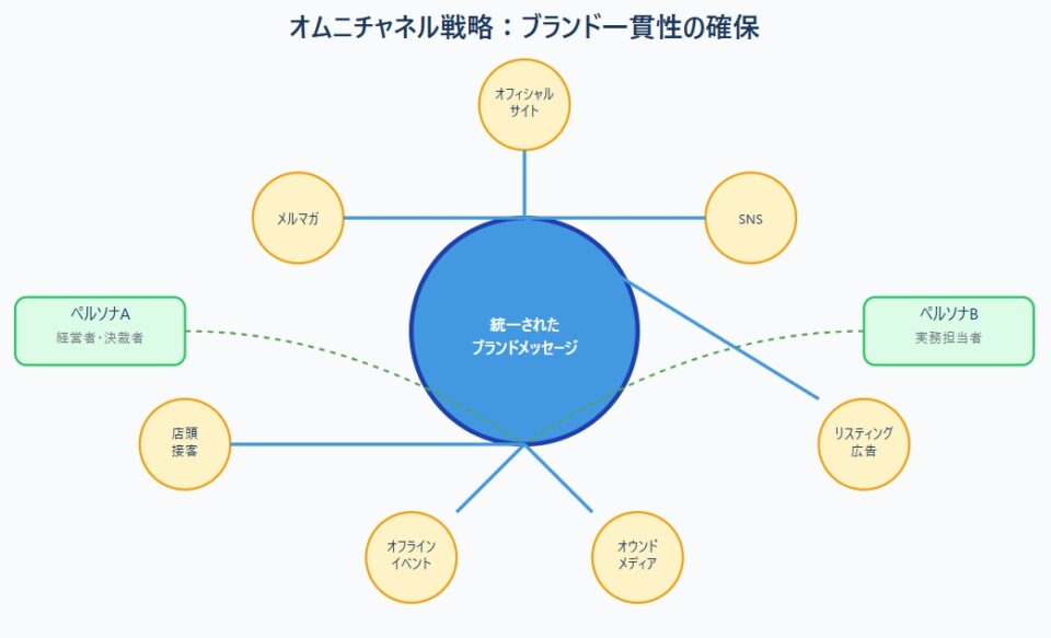 オムニチャネル戦略の概念図。中心に「統一されたブランドメッセージ」を配置し、外周に7つのチャネル（オフィシャルサイト、SNS、リスティング広告、オウンドメディア、オフラインイベント、店頭接客、メルマガ）が配置され、全チャネルでブランド一貫性を保つ様子を示す。