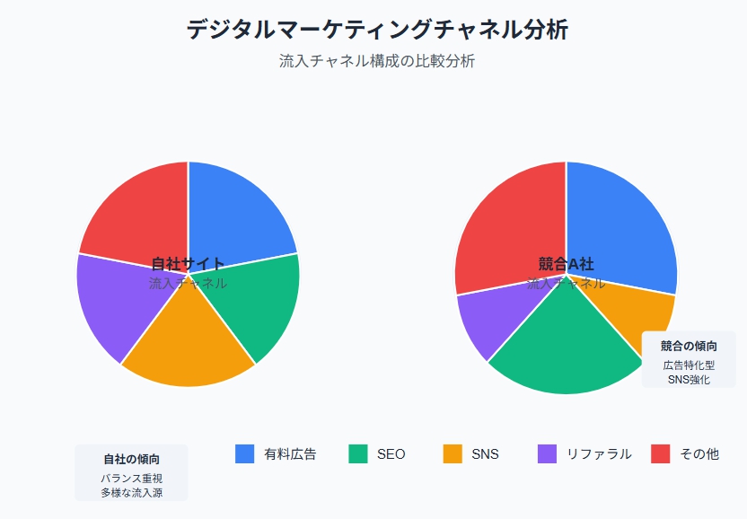 "デジタルマーケティングチャネル別流入比率の円グラフ。有料広告、SNS、SEO等の割合を示す