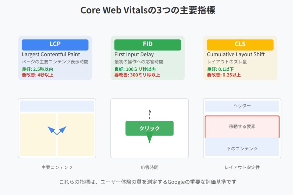 Core Web Vitalsの3つの指標、LCP（ページの主要コンテンツの表示時間）、FID（最初の操作への応答時間）、CLS（レイアウトシフトの安定性）を、ウェブページ上での具体的な部分を矢印や図形で説明している。それぞれに「2.5秒以内」「100ミリ秒以内」「0.1以下」といった良好な基準値も表示。