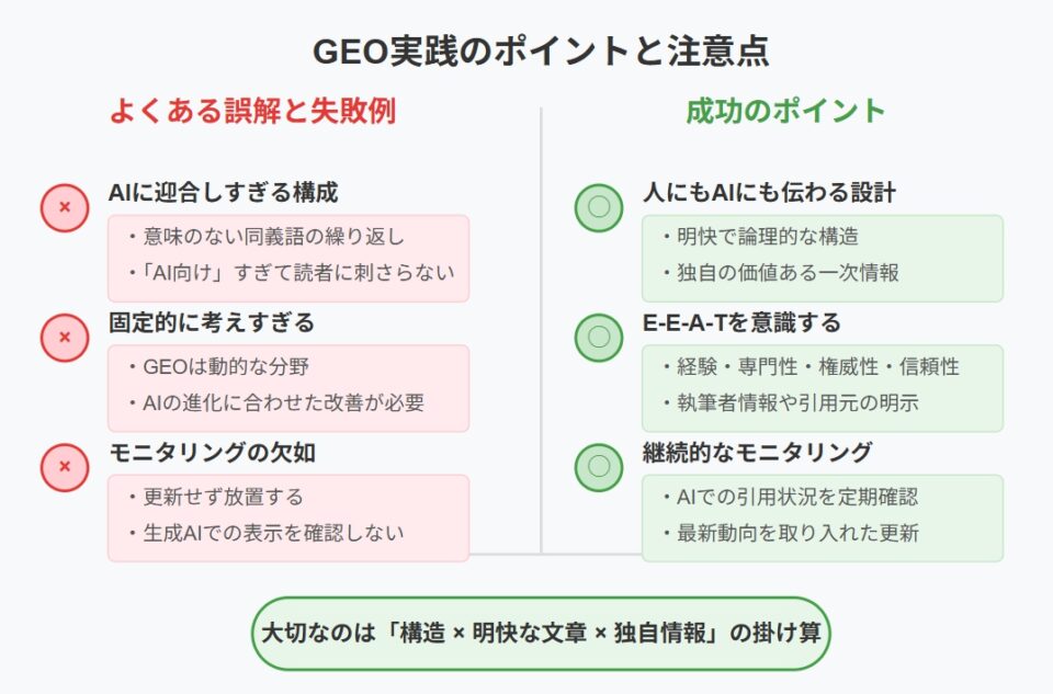 GEO実践における注意点と成功のポイントを対比した図。左側には赤色で『よくある誤解と失敗例』としてAIに迎合しすぎる構成、固定的に考えすぎる、モニタリングの欠如という3つのNG例が示されている。右側には緑色で『成功のポイント』として人にもAIにも伝わる設計、E-E-A-Tを意識する、継続的なモニタリングという3つのポイントが示されている。下部には『大切なのは「構造×明快な文章×独自情報」の掛け算』というまとめがある。