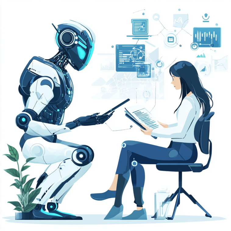 A Japanese business professional reviewing AI-generated content with an assistant robot, symbolizing the importance of human insight in content SEO.