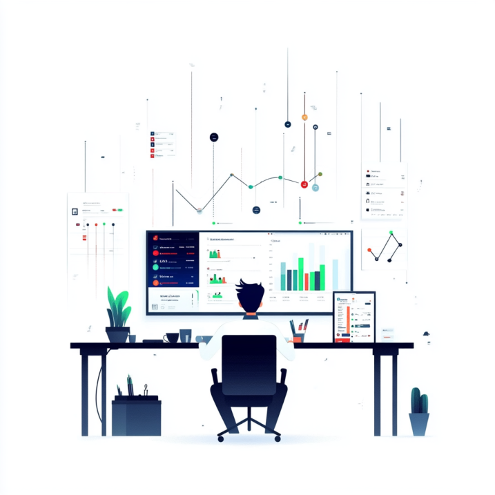 Google広告の配信先データを確認するマーケティング担当者と分析画面のイラスト