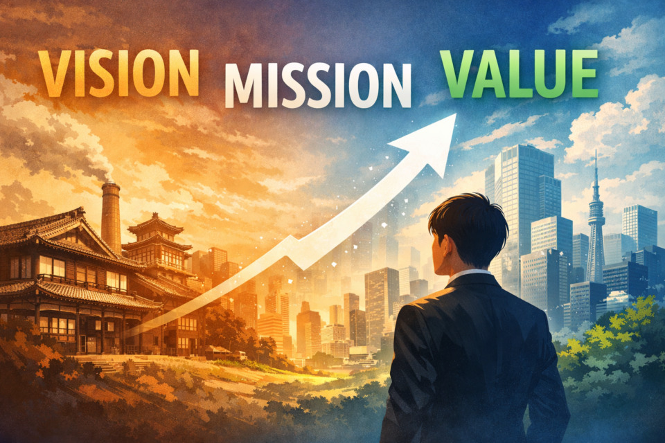 老舗企業のMVV(Vision Mission Value)と企業の未来ビジョンを表現したイメージ